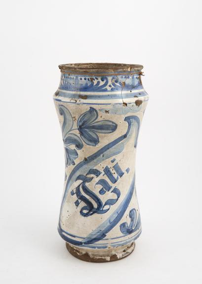 Albarello, blue tin glazed earthenware