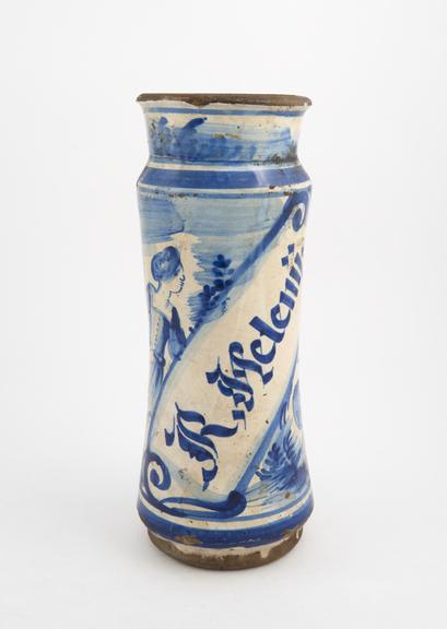 albarello blue tin glazed earthenware, used for elecampane root