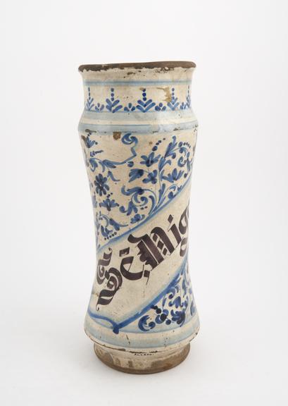 Pharmacy albarello, tin-glazed earthenware