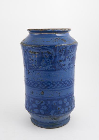 Blue glazed earthenware albarello, made at Venice, Italian