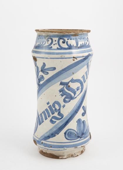 Tin-glazed earthenware albarello, monochrome decoration