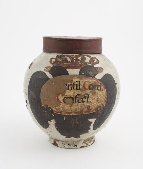 Tin-glazed earthenware drug jar, labelled Tomentil Cord