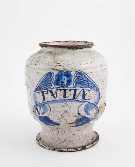 Tin-glazed earthenware drug jar, monochrome, decoration