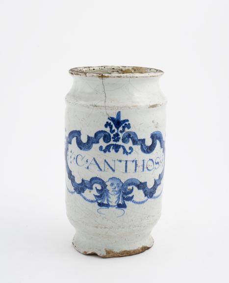 Tin-glazed earthenware drug jar, monochrome decoration