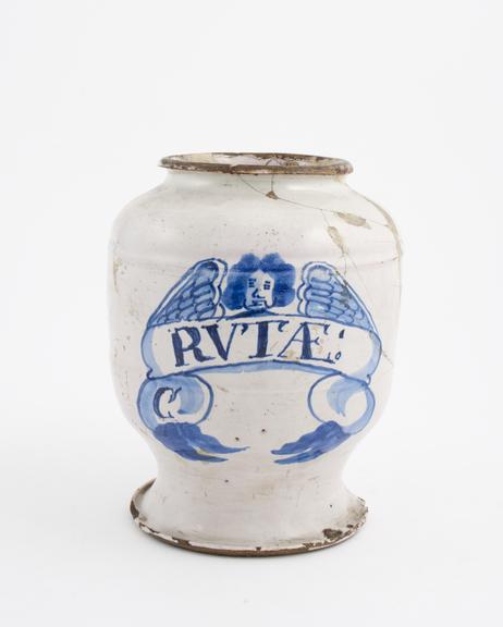 Tin-glazed earthenware drug jar, inscribed RVTAE:'