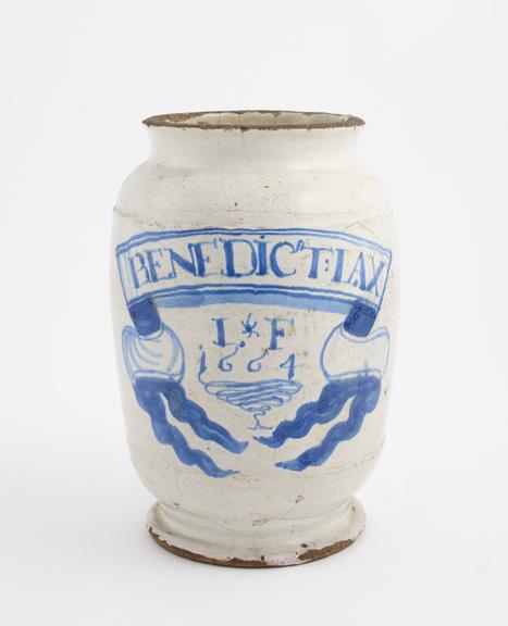 Tin-glazed earthenware drug jar, monochrome decoration