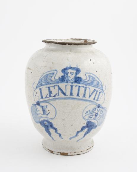 Tin-glazed earthenware drug jar, ovoid, inscribed E:LENITIVU'