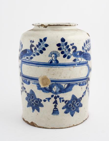 Tin glazed earthenware drug jar, monochrome decoration