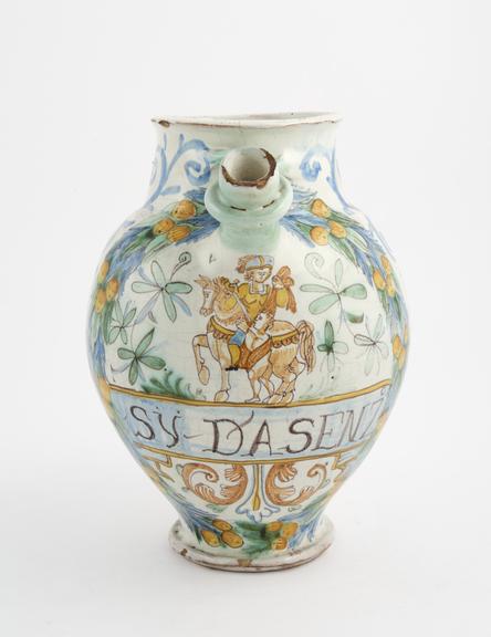 Tin-glazed earthenware syrup jar, polychrome decoration