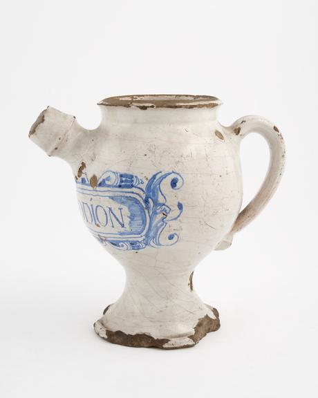 Tin-glazed earthenware syrup jar, inscrubed DIACODION'