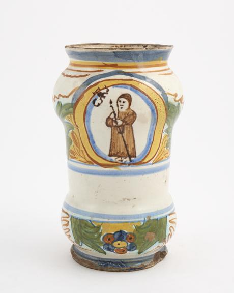 Tin-glazed earthenware albarello, polychrome decoration, marked