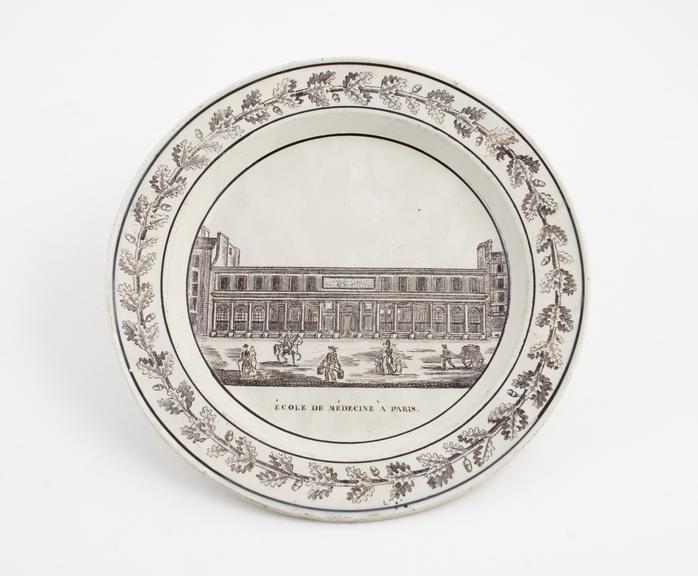 Creamware plate, with transfer print depicting the Ecole de