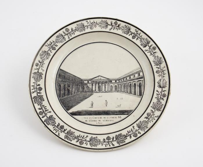 Creamware plate, with transfer print depicting the Ecole de