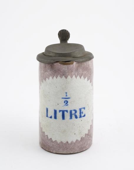 Tin glazed earthenware pharmacy measuring jug, perhaps Belgian