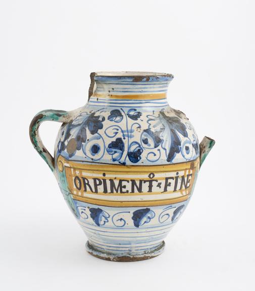 Tin-glazed earthenware drug jar, with two handles