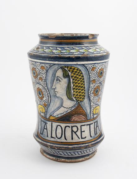 Tin-glazed earthenware albarello, polychrome decoration