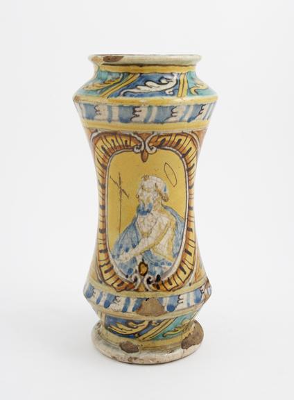 Tin-glazed earthenware albarello, polychrome decoration