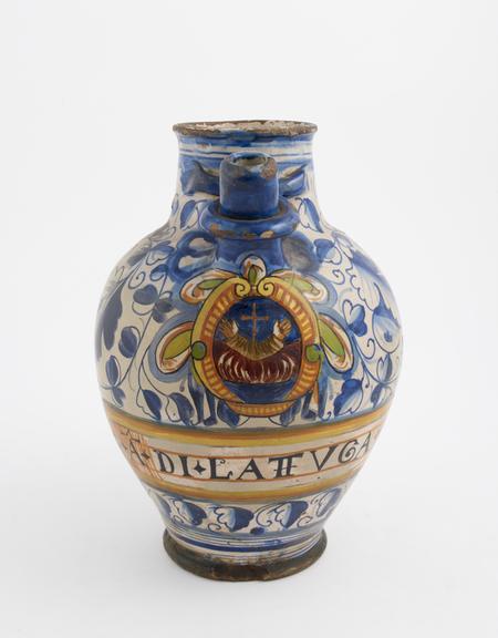 Tin glazed earthenware syrup jar, polychrome decoration