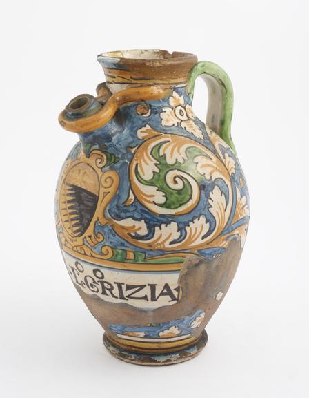 Tin-glazed earthenware syrup jar, polychrome decoration