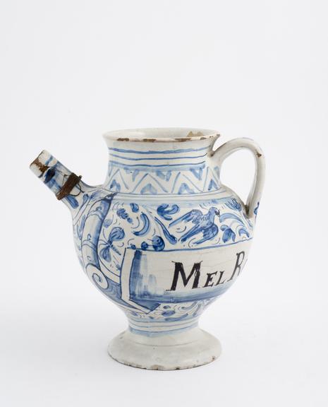 Tin-glazed earthenware syrup jar, blue and white decoration