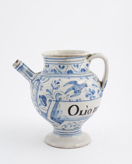 Tin-glazed earthenware syrup jar, blue and white decoration