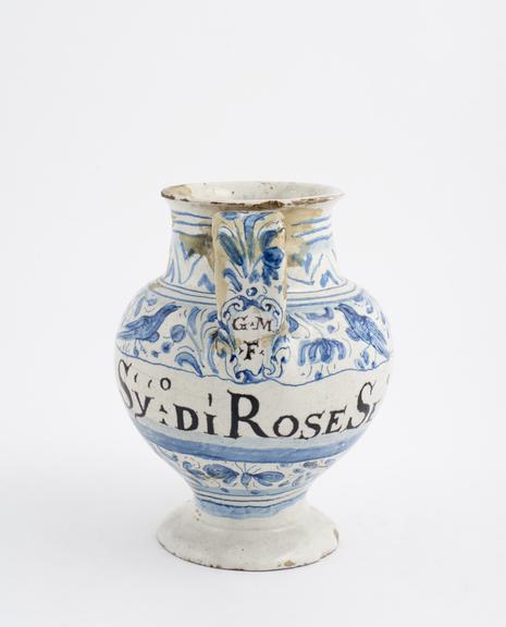 Tin-glazed earthenware syrup jar, blue and white