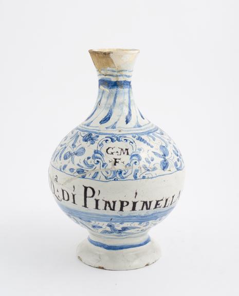 Tin-glazed earthenware drug jar, blue and white