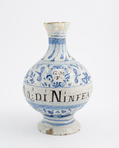 Tin-glazed earthenware drug jar, blue and white