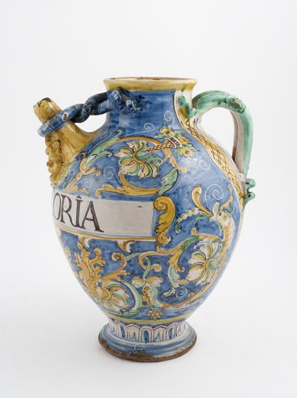 Tin-glazed earthenware syrup jar, polychrome decoration