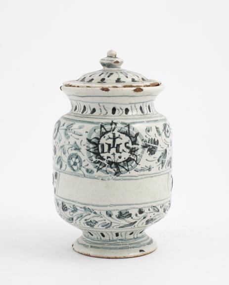 Tin-glazed earthenware drug jar, monochrome decoration