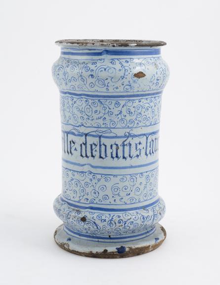 Tin-glazed earthenware albarello, monochrome blue decoration