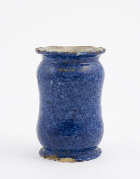 Tin-glazed earthenware albarello, blue speckled