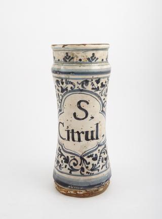 Albarello, blue tin-glazed earthenware