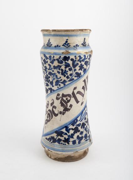 Albarello, blue tin-glazed earthenware, used for fleawort seeds