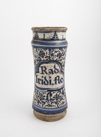 Albarello, blue tin-glazed earthenware, used for orris root