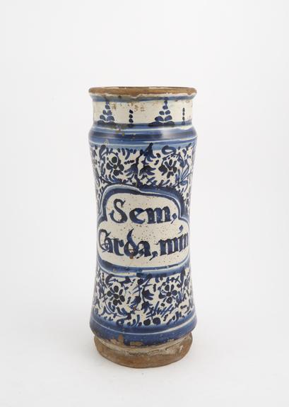 Albarello, tin-glazed earthenware, used for cardamom seeds