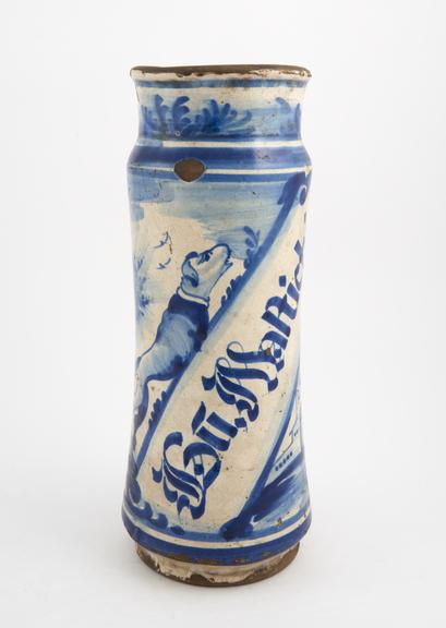 Tin-glazed earthenware albarello, used for mastic gum, Spanish