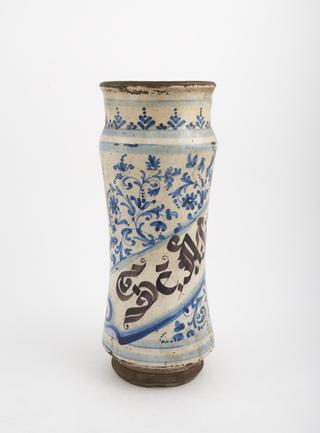 Albarello, blue tin-glazed earthenware