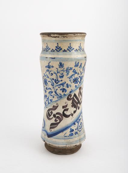 Albarello, blue tin-glazed earthenware