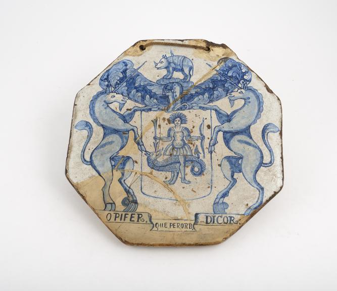 Earthenware pill tile, octagonal, tin-glazed