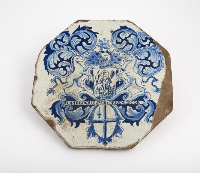 Earthenware pill tile, octagonal, tin-glazed