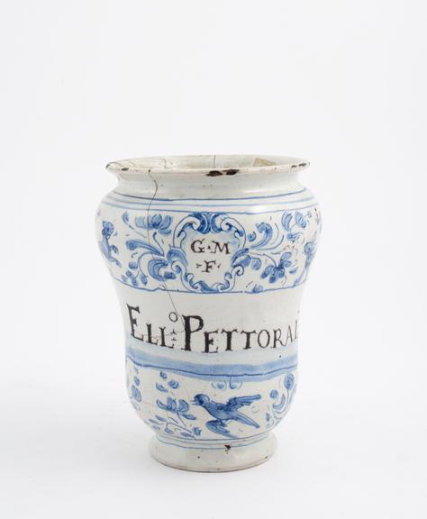 Tin-glazed earthenware albarello, blue and white, labelled