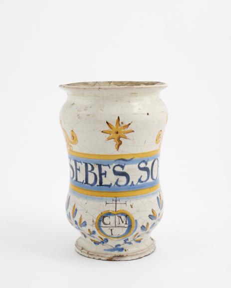 Tin-glazed earthenware albarello, polychrome decoration, marked