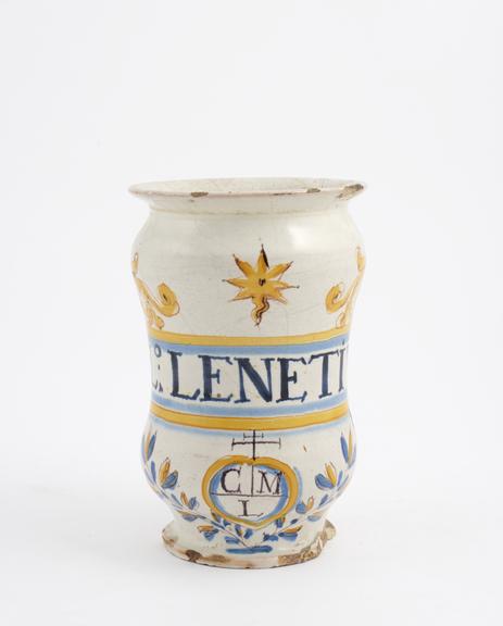 Tin-glazed earthenware albarello, polychrome decoration