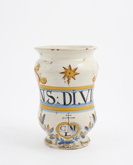 Tin-glazed earthenware albarello, polychrome decoration