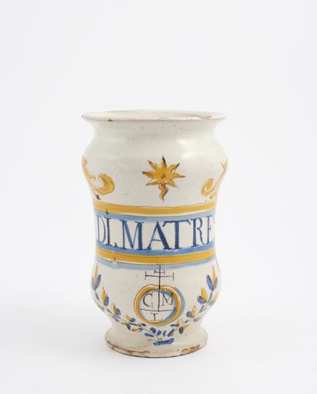 Tin-glazed earthenware albarello, polychrome decoration