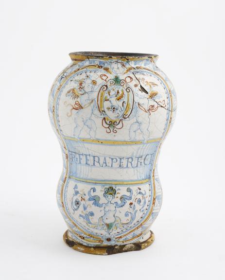 Tin-glazed earthenware albarello, polychrome decoration