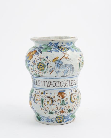 Tin glazed earthenware albarello, polychrome decoration