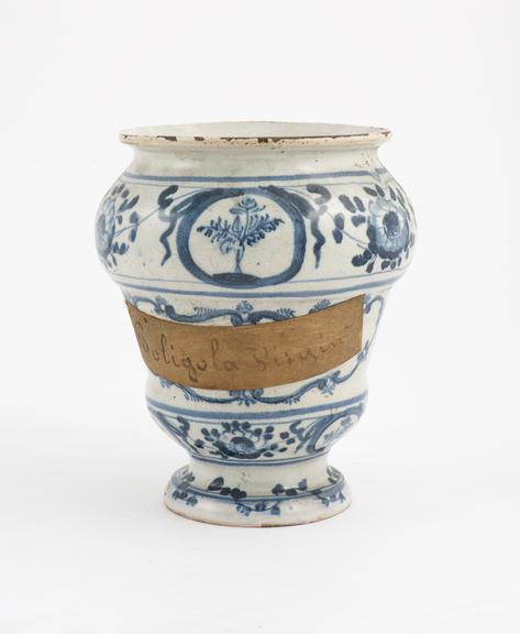 Drug jar, blue and white, used for storing Poligola Virgin