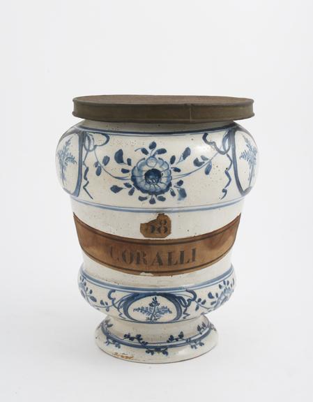 Blue and white pharmacy jar, used for coral, North Italy